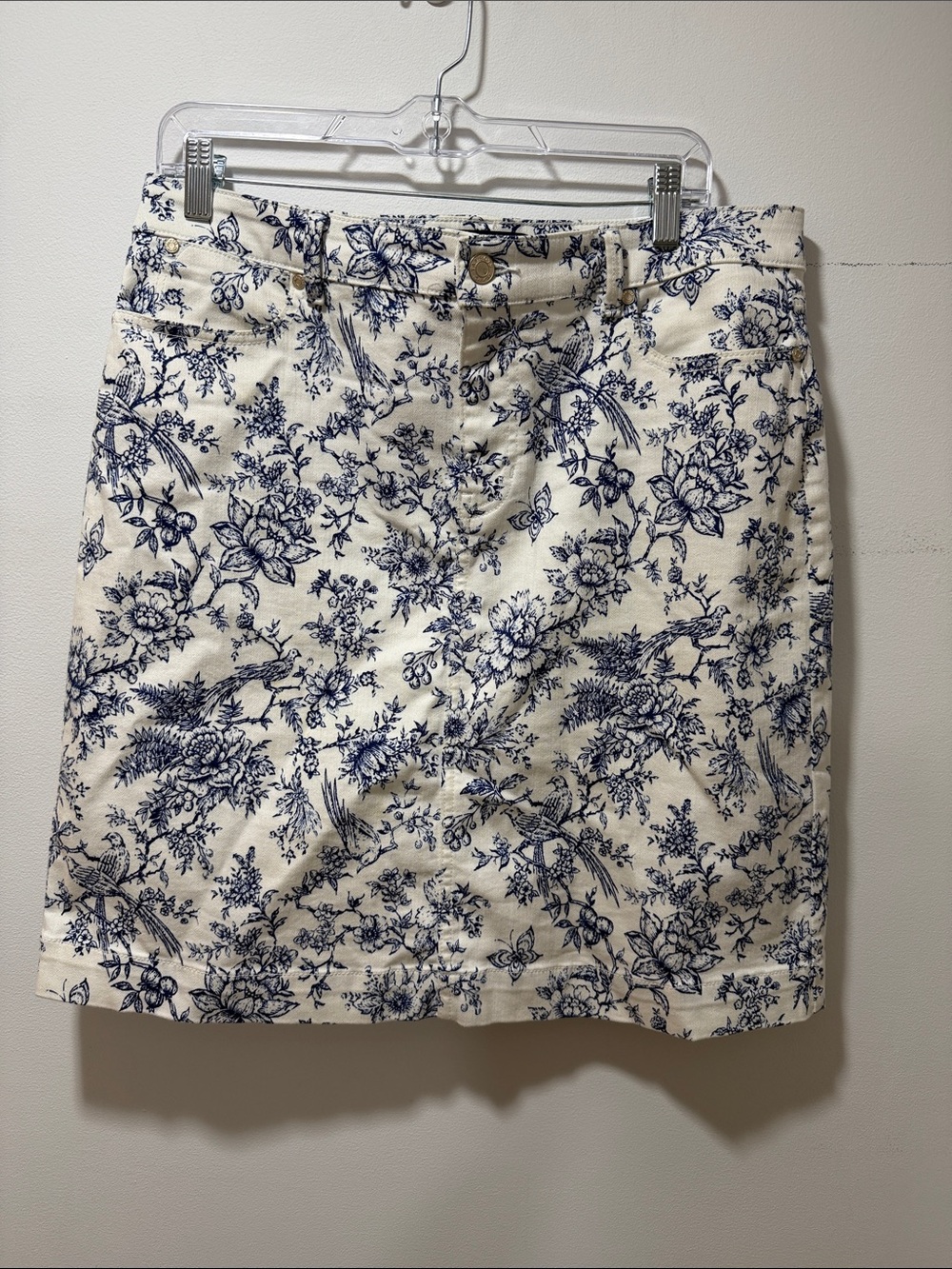 Talbots Womens Toile Bird Nature Blue White Mini Skirt 10 Nautical Preppy Artsy - Picture 1 of 8